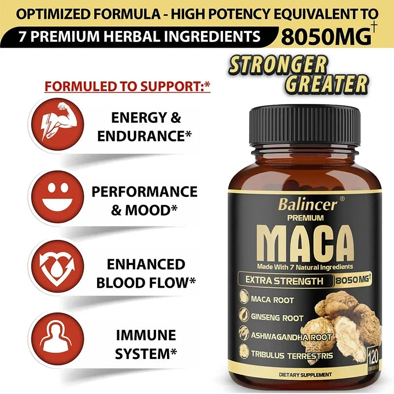 Maca Root Supplement - with Ginseng and Black Pepper Extracts for Energy, Endurance, Muscle Strength and Performance