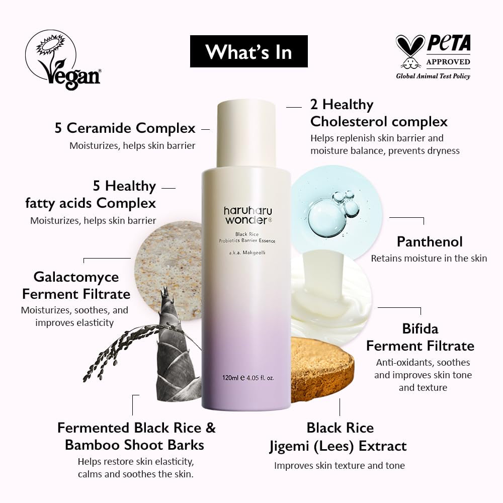 Wonder Black Rice Probiotics Barrier Essence 4.05 Fl. Oz., Essence Toner to Strengthen Skin Barrier with Ceramides, Fermented Ingredients, Soothing, Moisturizing, Plumping