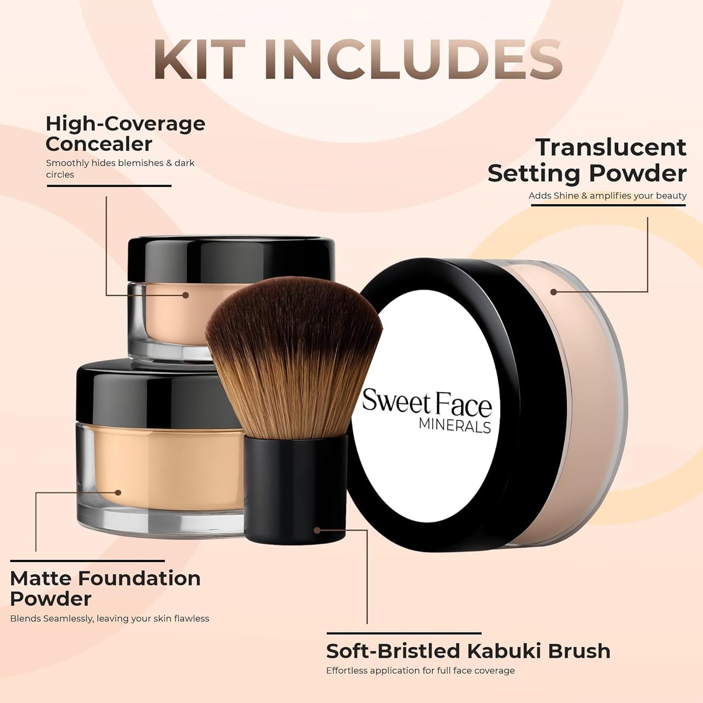 4Pc Full Size Kit (Warm Shade) Mineral Makeup Matte Translucent Loose Foundation + Kabuki Brush + Concealer + Finishing Setting Powder + Bare Face Full Coverage SPF 30 All Skin Types Waterproof